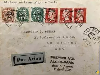 Aérophilatélie - Premier Vol Alger Paris dans la journée 2 Avril 1935 avec la variété surcharge renversée - 6c (Y&T)