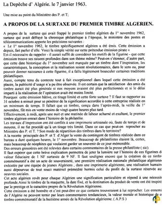 Document relatif au premier timbre algérien après l'indépendance le 363A (1+9)