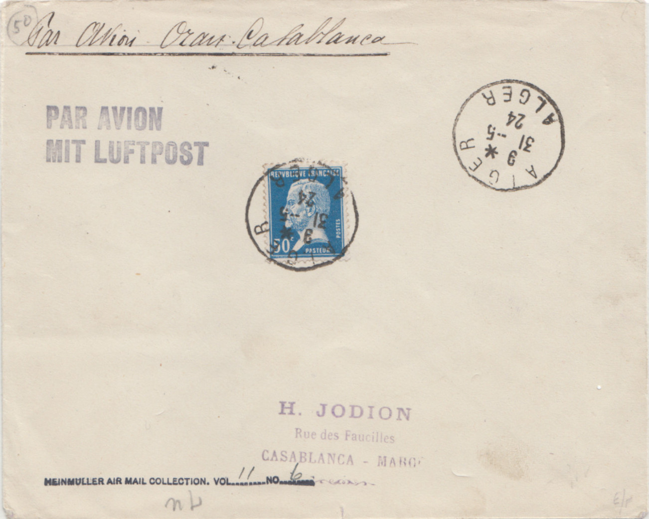 France Lettre 13/05/1924 avion Oran Algérie à Casablanca Maroc Latécoère aérophilatélie Pasteur aérienne liaison Jodion