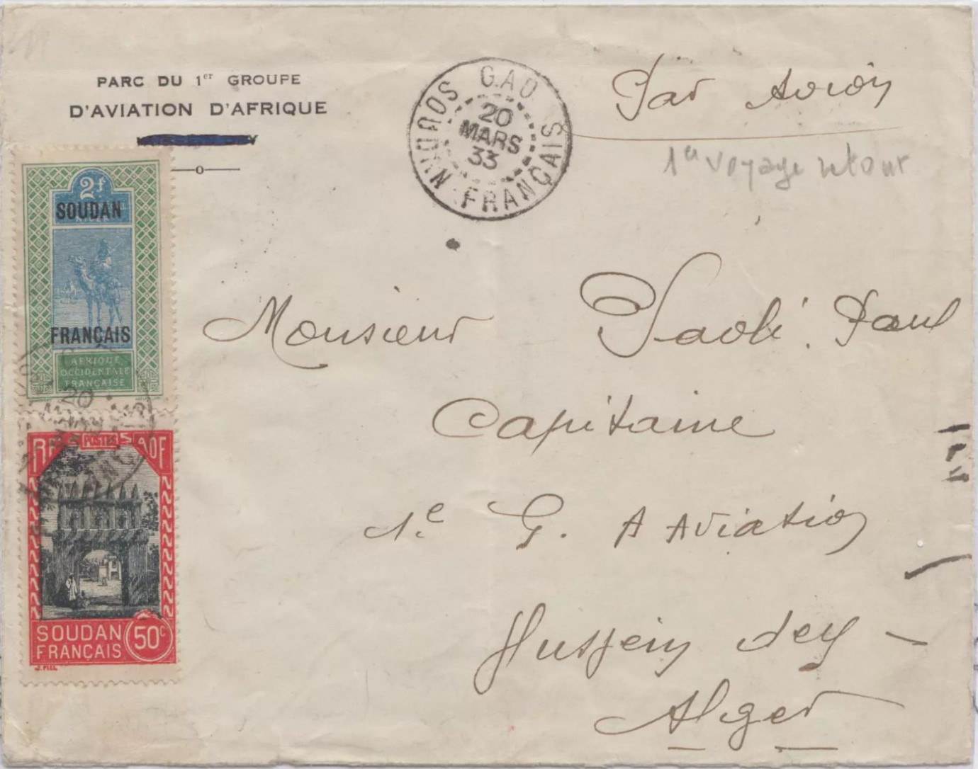 Algérie France Première liaison postale 1er Voyage Retour GAO ALGER du 20/03/1933 avion