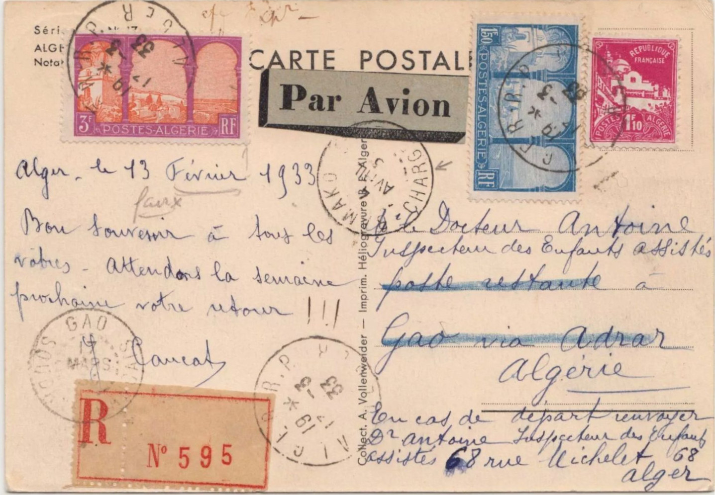 France 1er Voyage Alger Gao 14/03/1933 Patrouille du Lieutenant Weiss Aérophilatélie avion premières liaisons aériennes