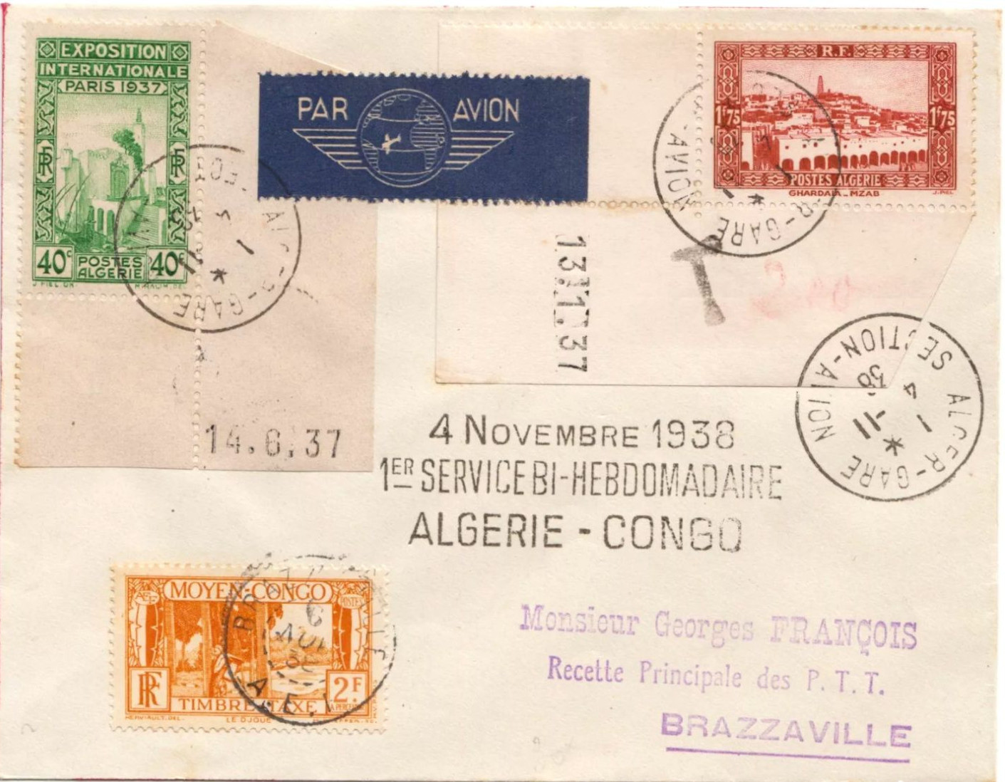 Algérie Premier courrier bi-hebdomadaire Alger - Congo Brazzaville Régie Air Afrique liaisons aériennes 04/11/1938